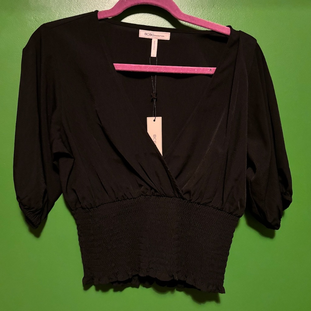 BCBG black shirred top